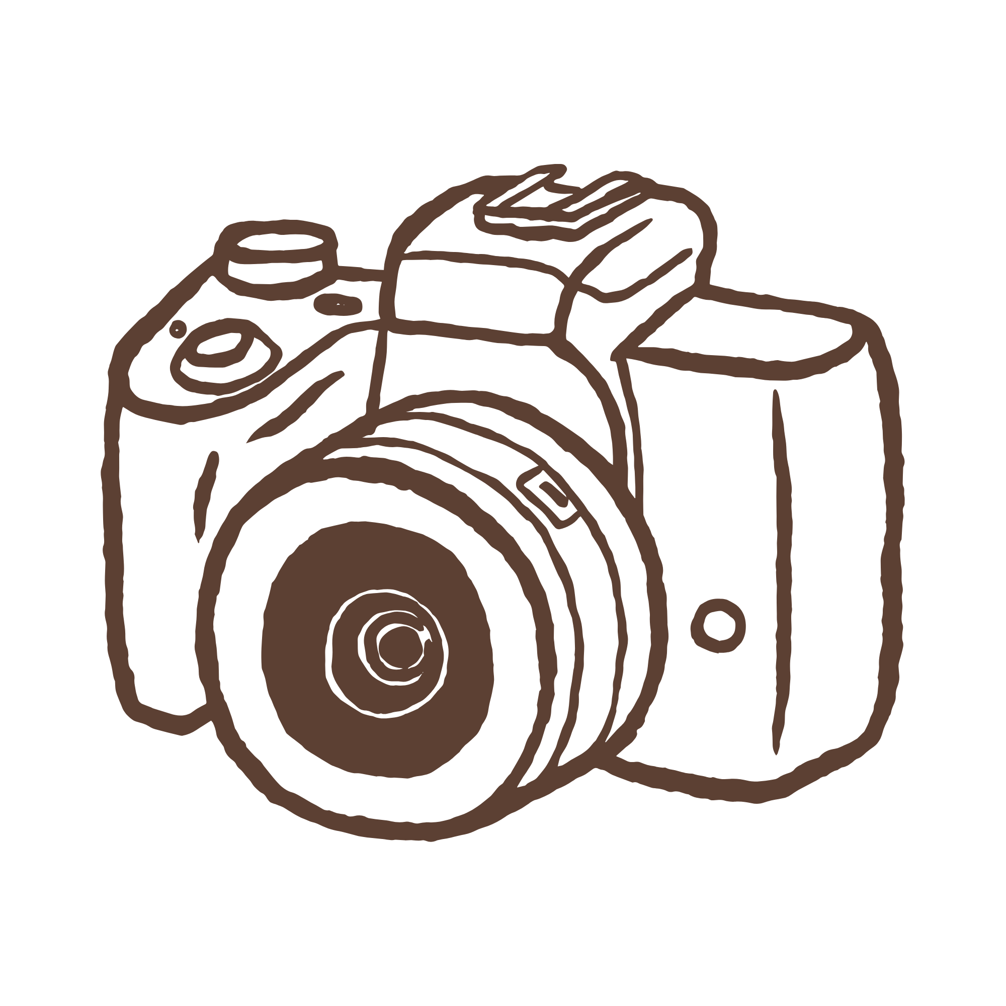 Line drawing of a vintage camera, featuring a large lens, viewfinder, and flash, all outlined in brown.