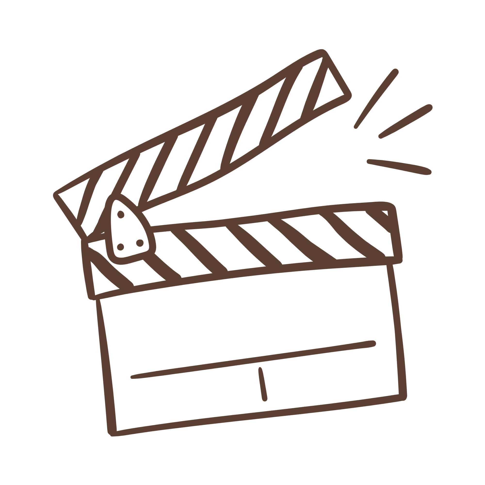 Illustration of a clapperboard, drawn in a simple, minimalist style with brown lines.
