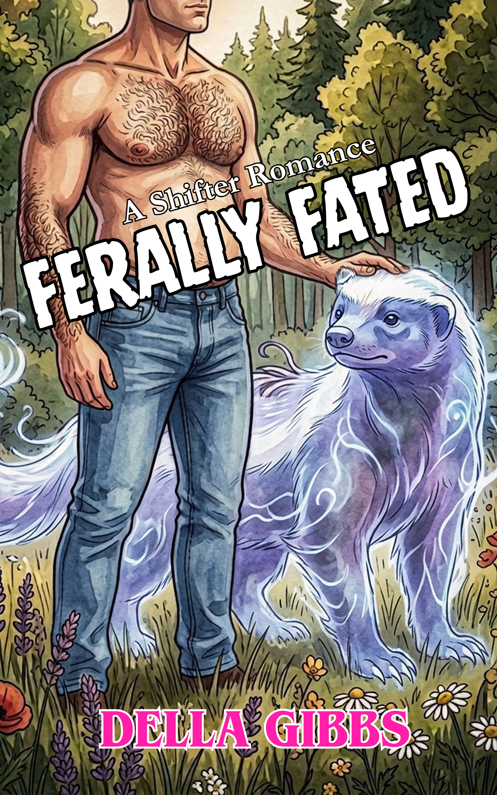 Book cover for "Ferally Fated" by Della Gibbs, a shifter fated mates romance. Cover features a muscular, shirtless man with black body hair standing next to an ethereal honey badger against a backdrop of wildflowers and grass.