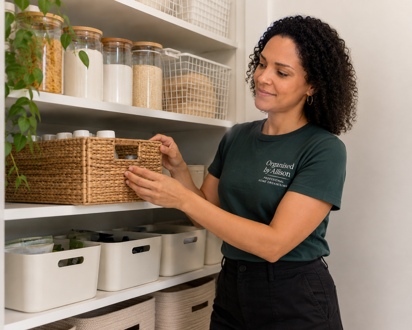A woman with curly hair wearing a dark green shirt labeled 'Organised by Allison' is placing a wicker basket on a white shelf in a pantry or storage closet.