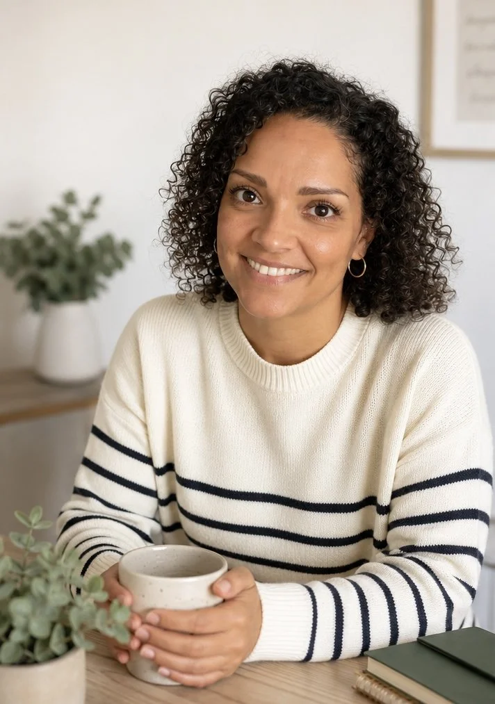 A woman with curly hair and hoop earrings, smiling while sitting at a table with a cup, a plant, and a closed notebook.