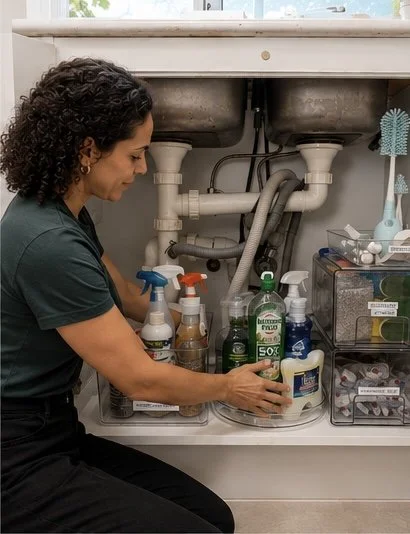 Woman organizing cleaning supplies under sink with pipes overhead.