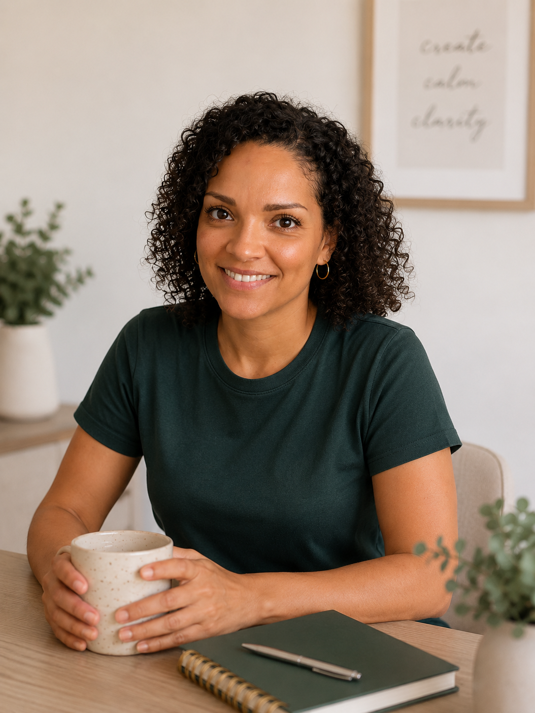 A woman with curly hair smiling and holding a mug, sitting at a desk with a notebook and pen, in a cozy home setting.