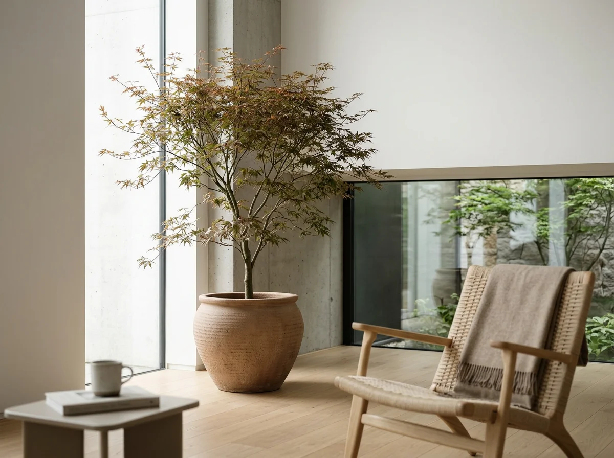 Indoor scene with a large potted tree near a glass window, a beige armchair with a blanket, and a small table with a mug and books.
