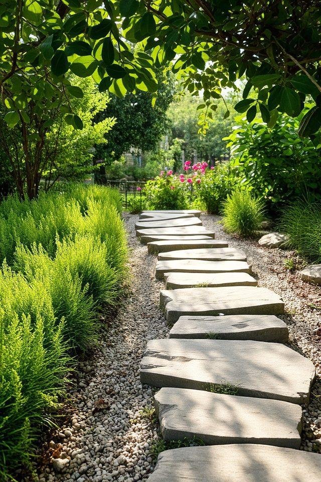 A stone pathway winding through a lush green garden with various bushes and trees, illuminated by sunlight.