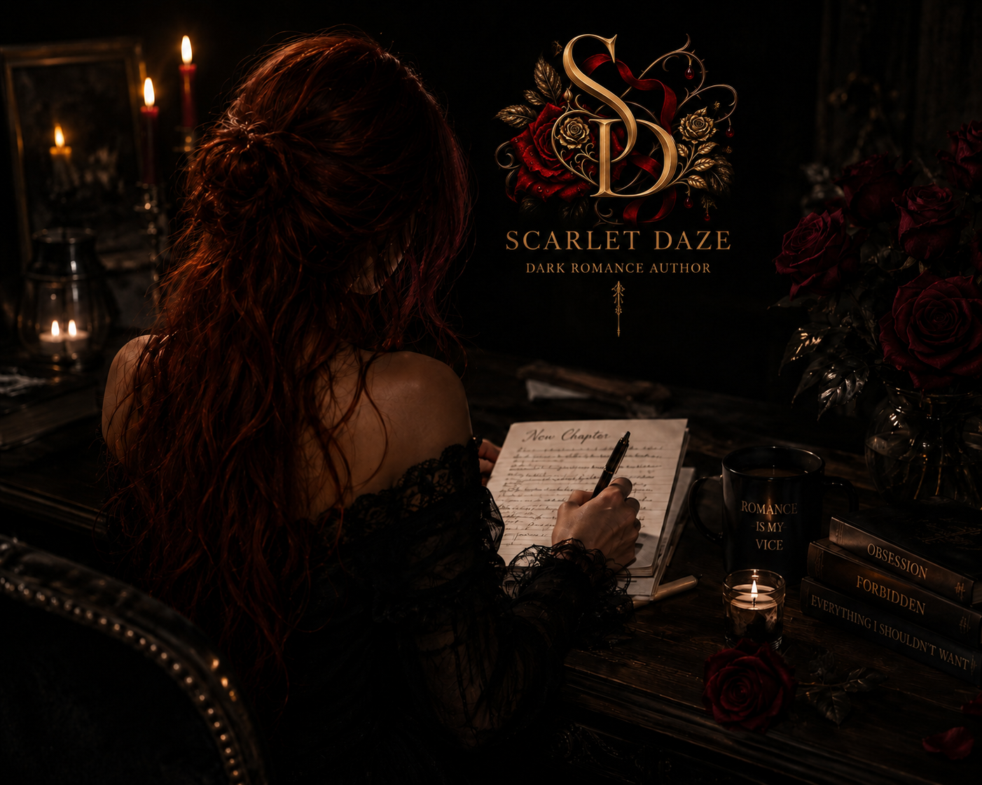 Scarlet Daze dark romance author branding featuring a red-haired woman writing by candlelight.