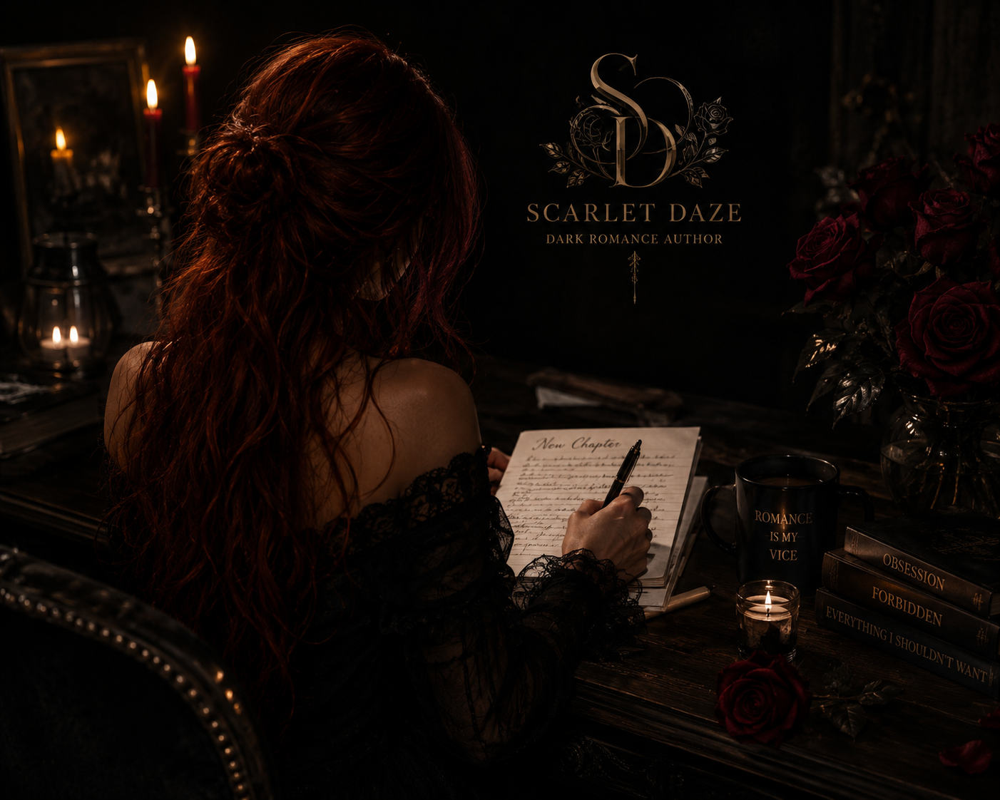 Scarlet Daze dark romance author branding with a red-haired woman writing at a candlelit desk.