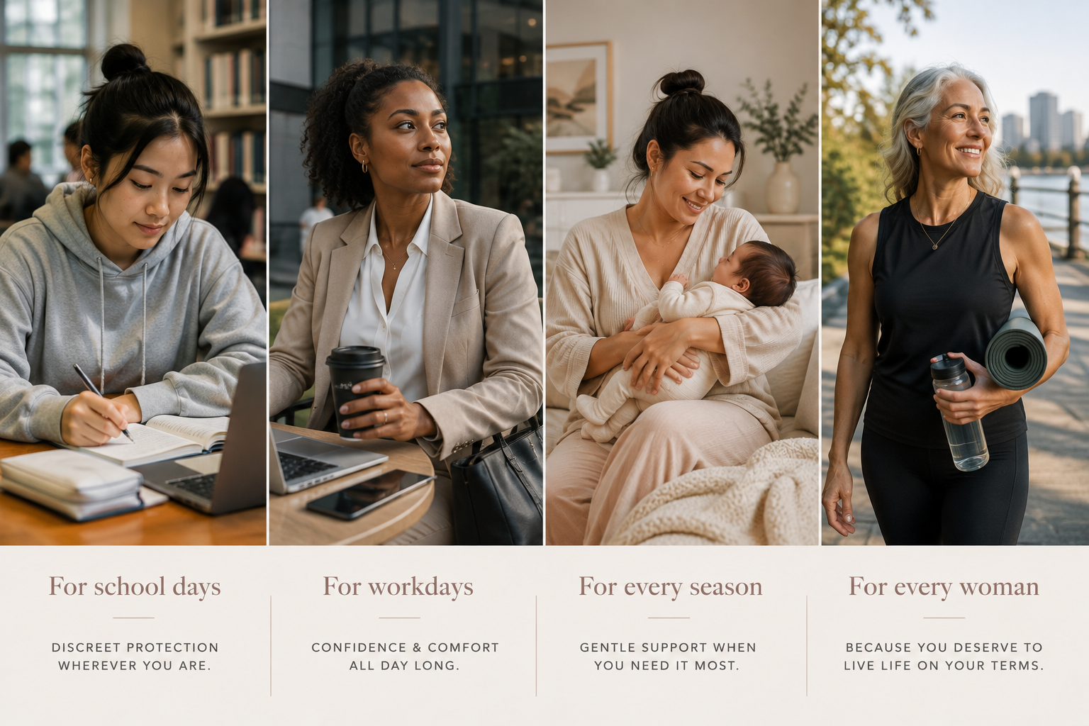 A collage of four women in different settings: studying in a library, working outdoors with a coffee, caregiving at home with a baby, and walking outside with a yoga mat. The accompanying text promotes protection, confidence, support, and empowerment for women everyday.