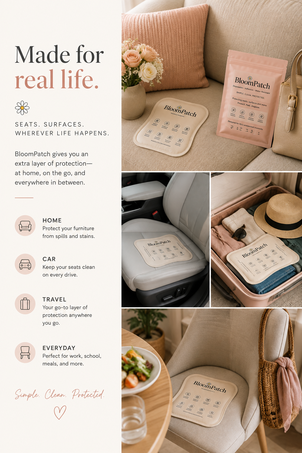 A promotional flyer for BloomPatch, showing various uses of their protective patches on furniture, car seats, and for travel, with images of these items and the patches applied, along with text emphasizing protection and versatility.