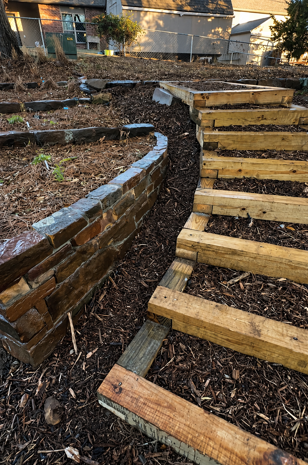 custom stair case and sandstone retaining wall 
