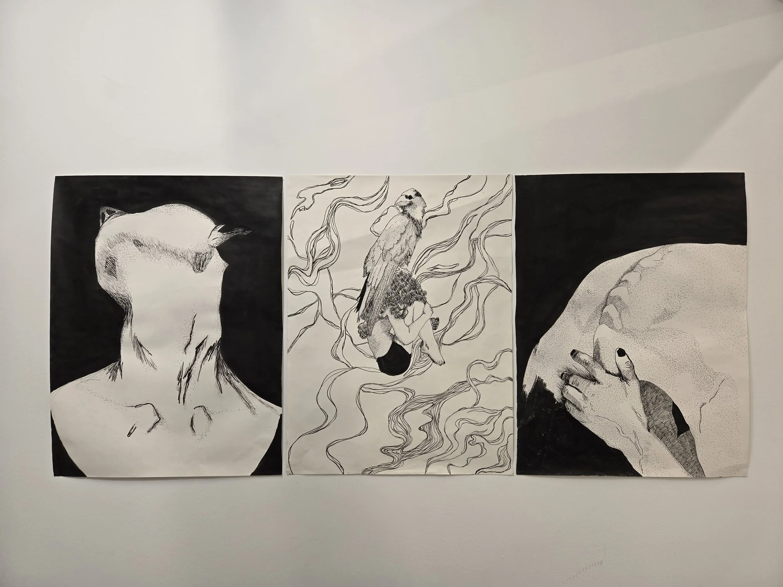 "it'll swallow you whole", 2026, pen and ink triptych on paper