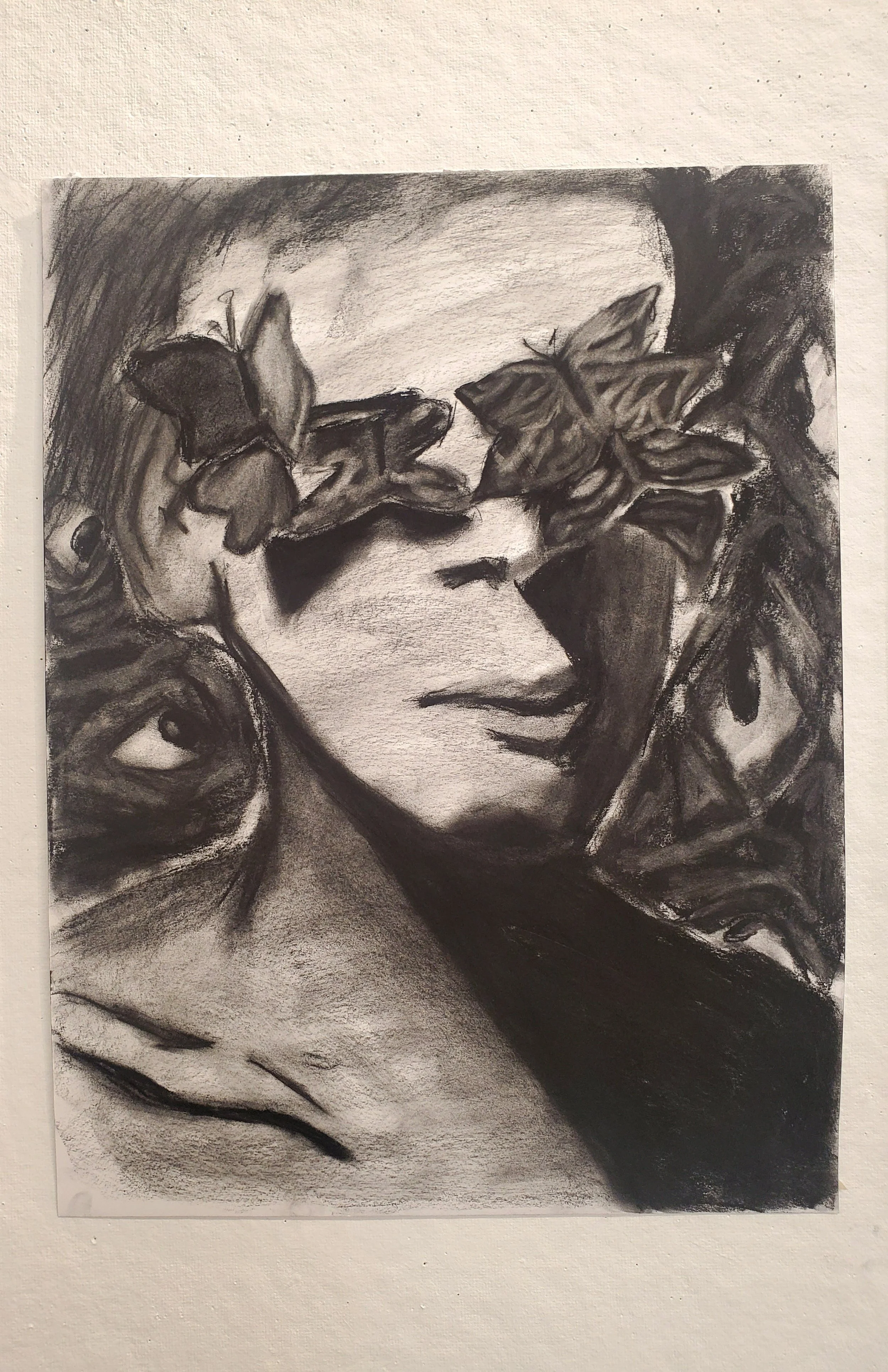 "flying blind", 2023, charcoal on paper