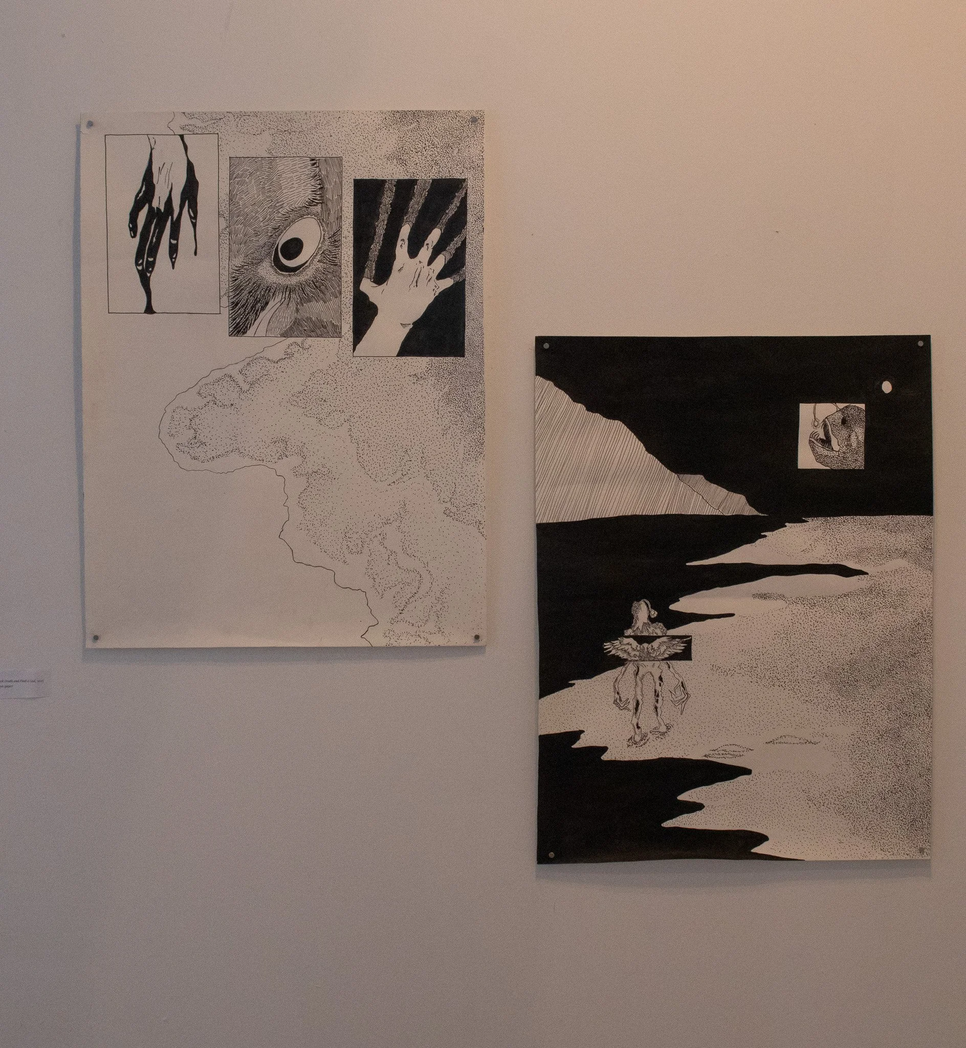 "Angler Fish, Seek Death and Find a God", 2026, pen and ink diptych on paper