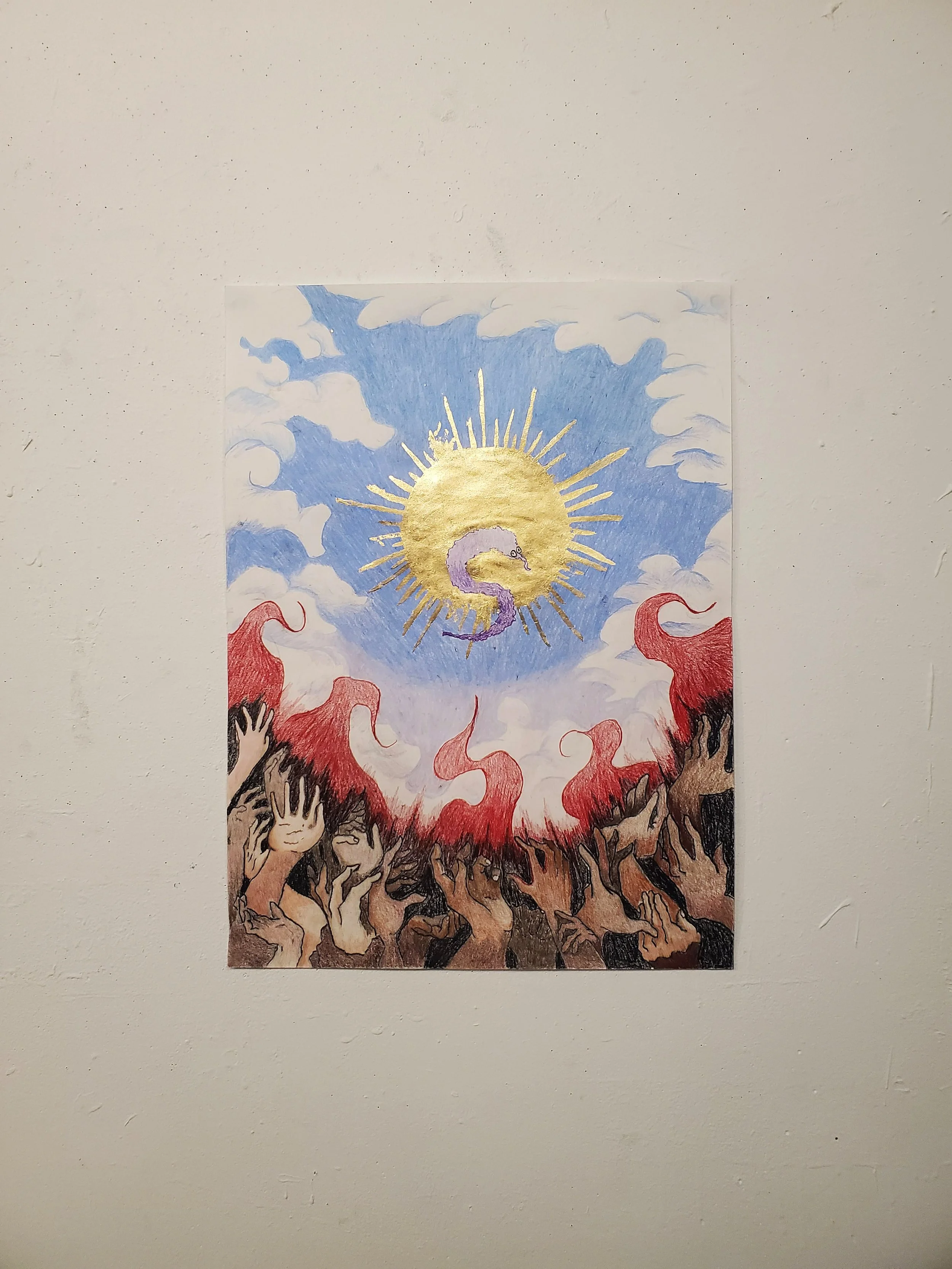 "worm on a string", 2024, gold leaf and colored pencil on paper
