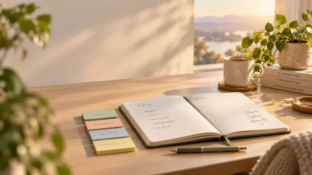 A calm, sunlit workspace with an open notebook, sticky notes, and a coffee mug