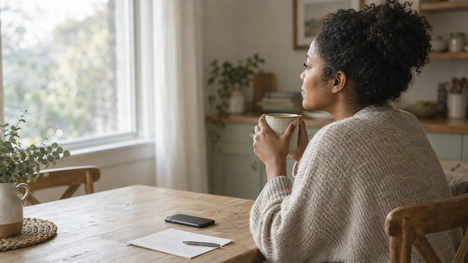 Black woman pausing with a cup of coffee at her kitchen table, taking a moment to check in with herself.