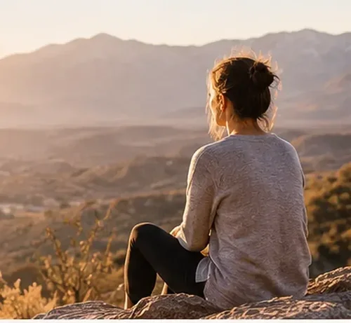 Hiker walking along a sunrise mountain trail, representing change and possibility