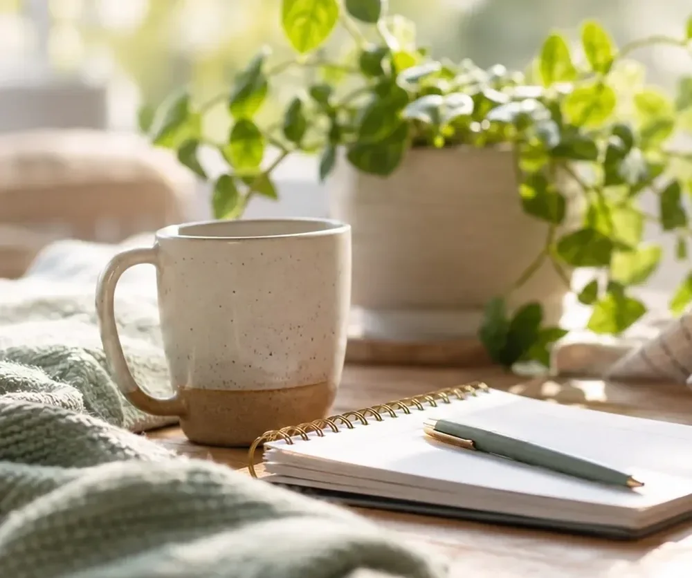 Sunlit journal, ceramic mug, and leafy plant representing whole-person wellbeing