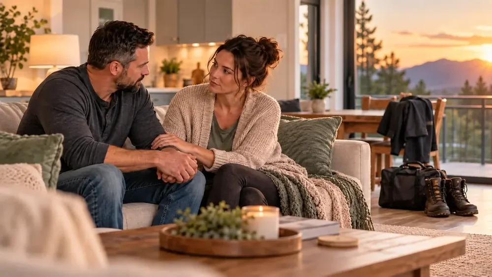 Couple sitting together at home with work boots in the background, representing support for first responders, military families, and demanding schedules