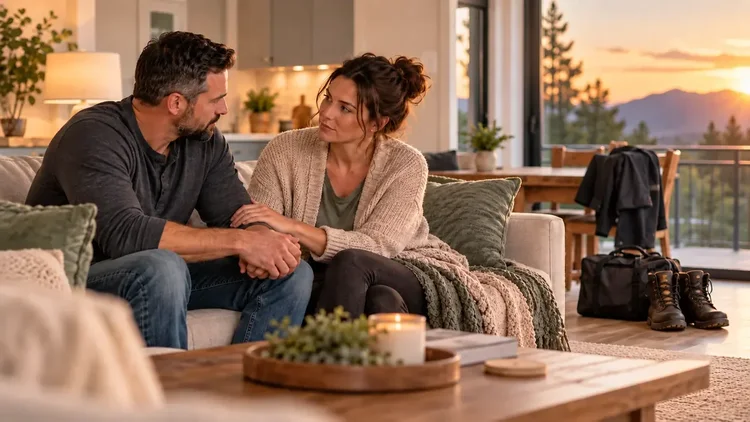 Couple sitting together at home with work boots in the background