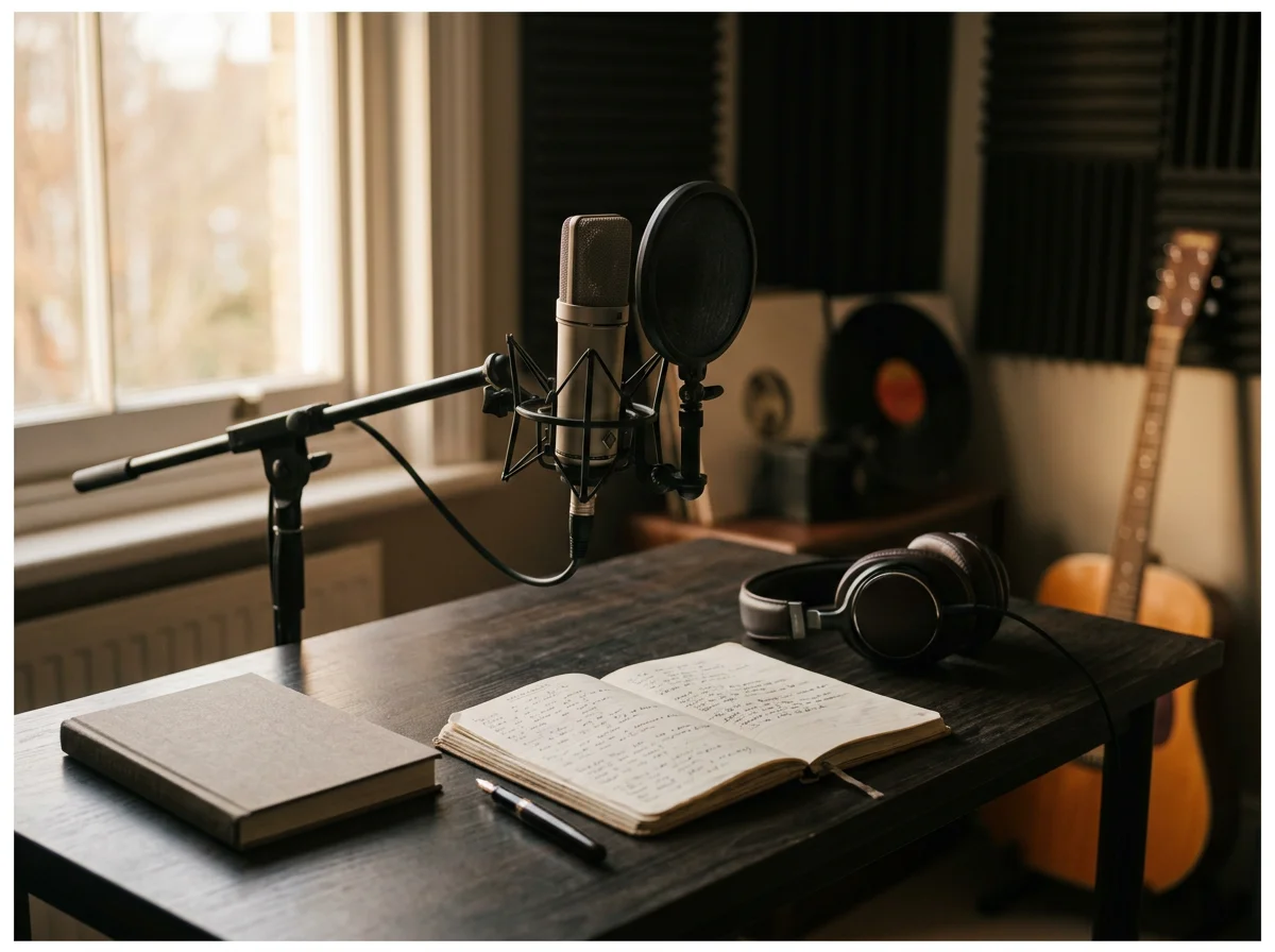 Studio microphone, headphones and songwriting notebooks representing Sammy Ellis's music and writing.