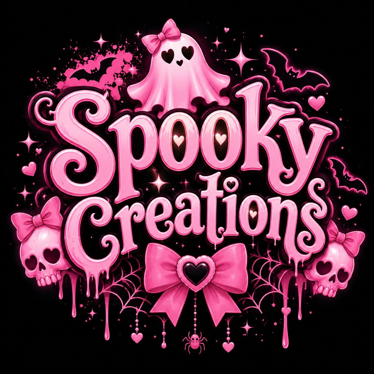 Pink Halloween-themed graphic with gothic elements, including skulls with heart-shaped eye sockets, bats, spiders, cobwebs, hearts, and bows. The text reads 'Spooky Creations' in stylized pink letters.