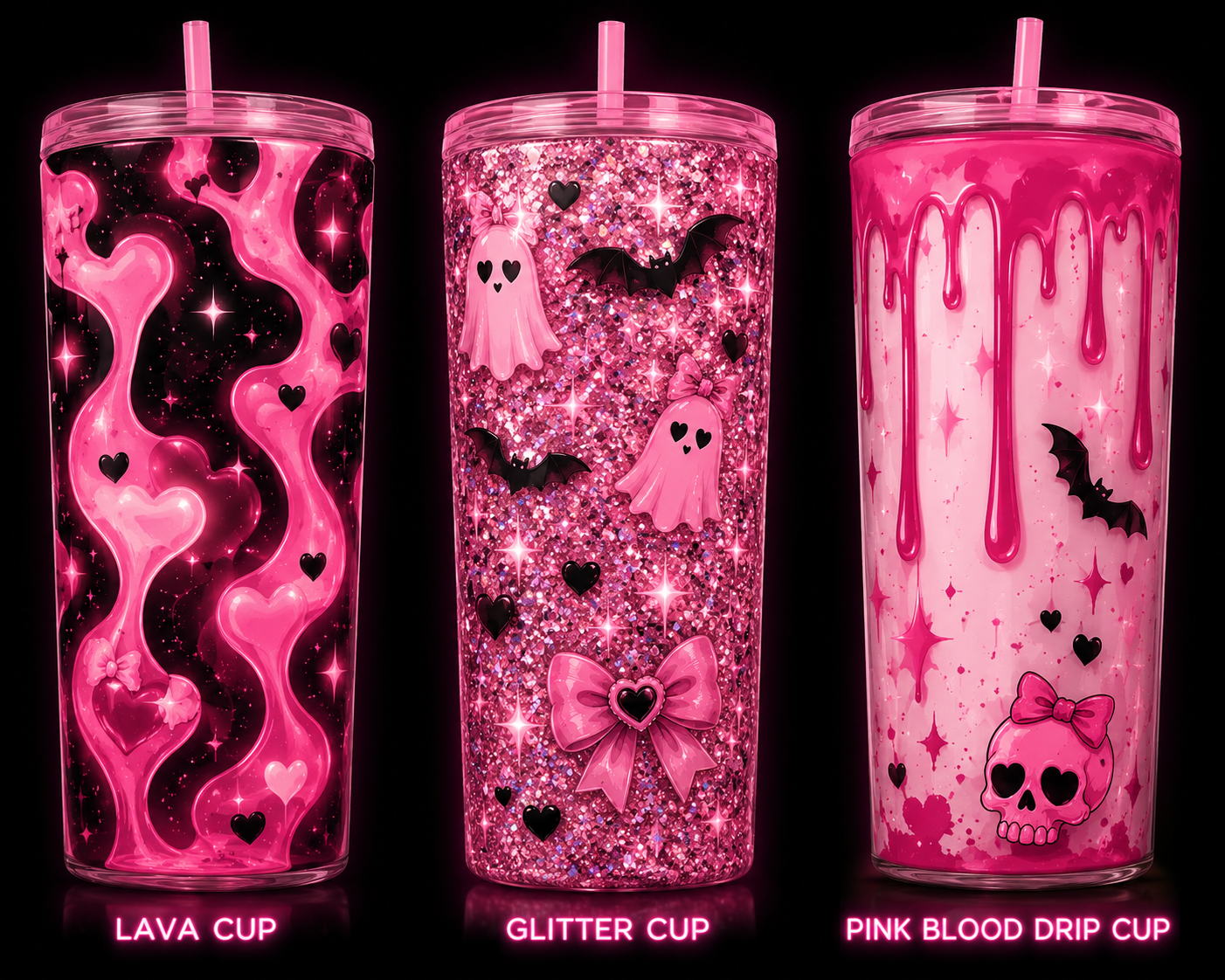 Three tall pink cups with lids and straws, decorated with glowing, cartoonish, Batman and ghost designs, labeled below as Lava Cup, Glitter Cup, and Pink Blood Drip Cup.