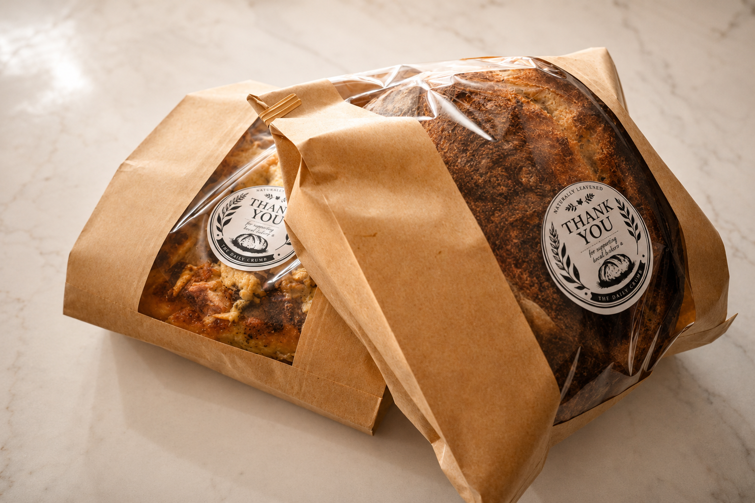 Two baked goods in brown paper bags with transparent windows and 'Thank You' stickers, resting on a light-colored marble surface.