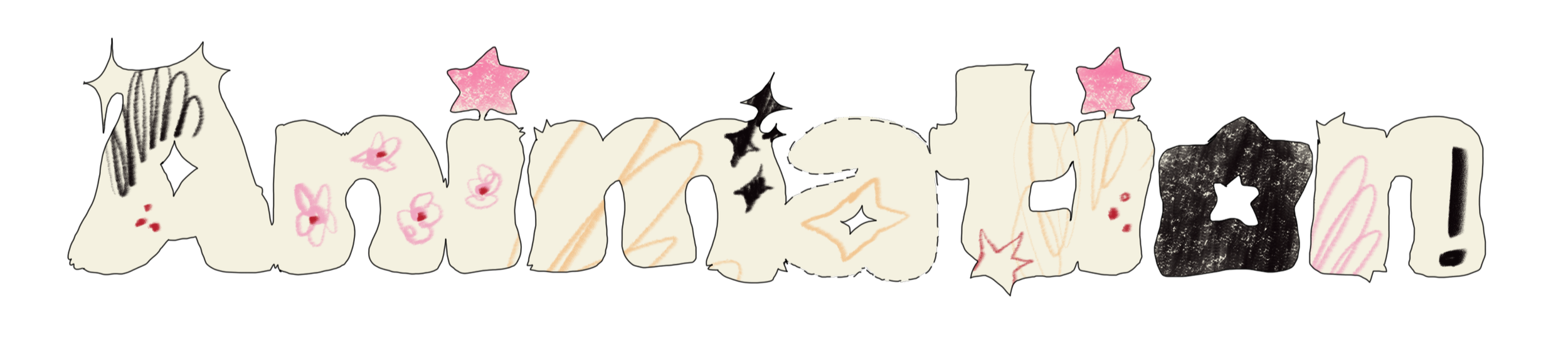 Colorful, stylized text that reads 'Animation!' with various decorative elements like stars and hearts.
