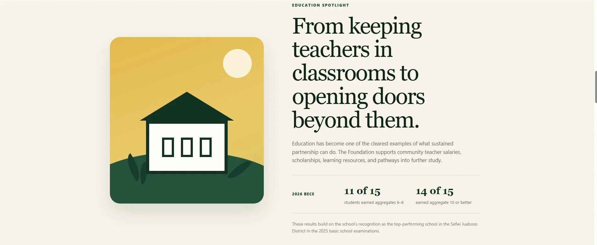 Illustration of a house and a sun against a yellow background, with a large reading on education partnership and efforts to keep teachers in classrooms or open doors beyond them.