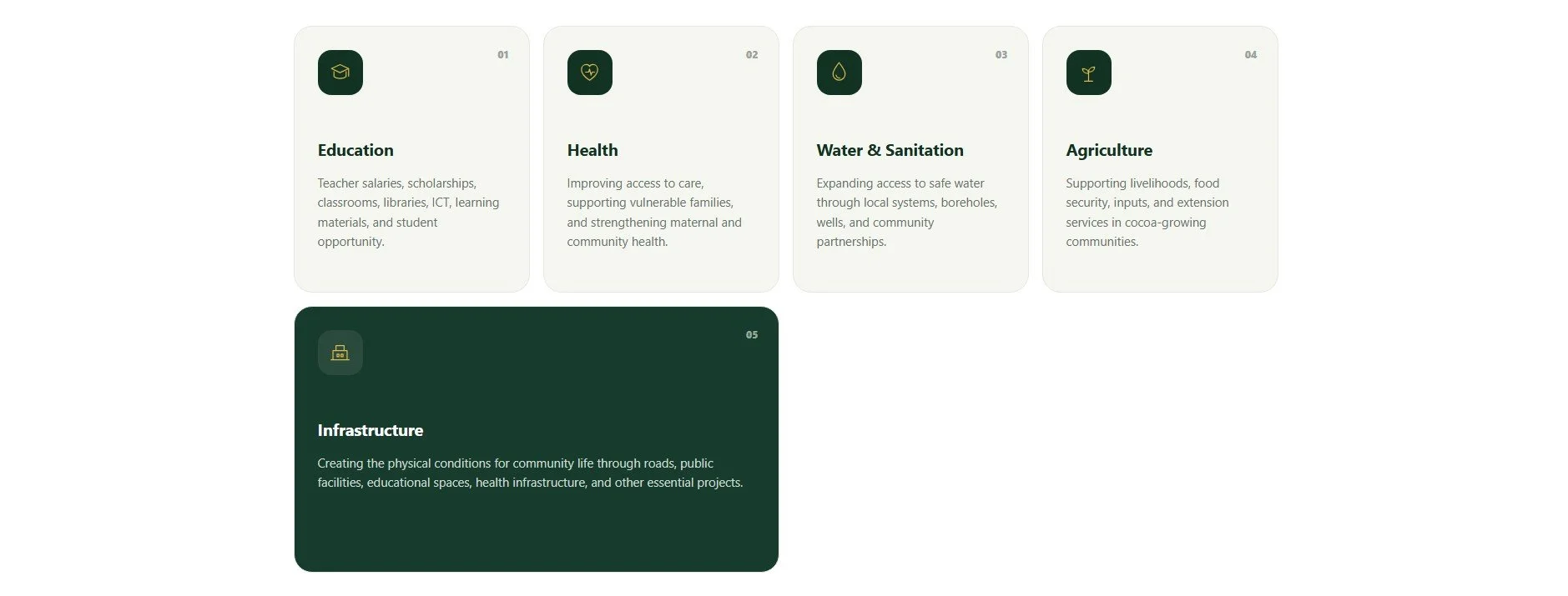 A webpage showing five sections with icons and text about community development priorities. Sections include Education, Health, Water & Sanitation, Agriculture, and Infrastructure, each with a brief description.