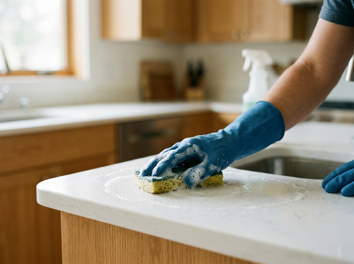 Person wearing blue gloves cleaning a kitchen countertop with a sponge and soap.