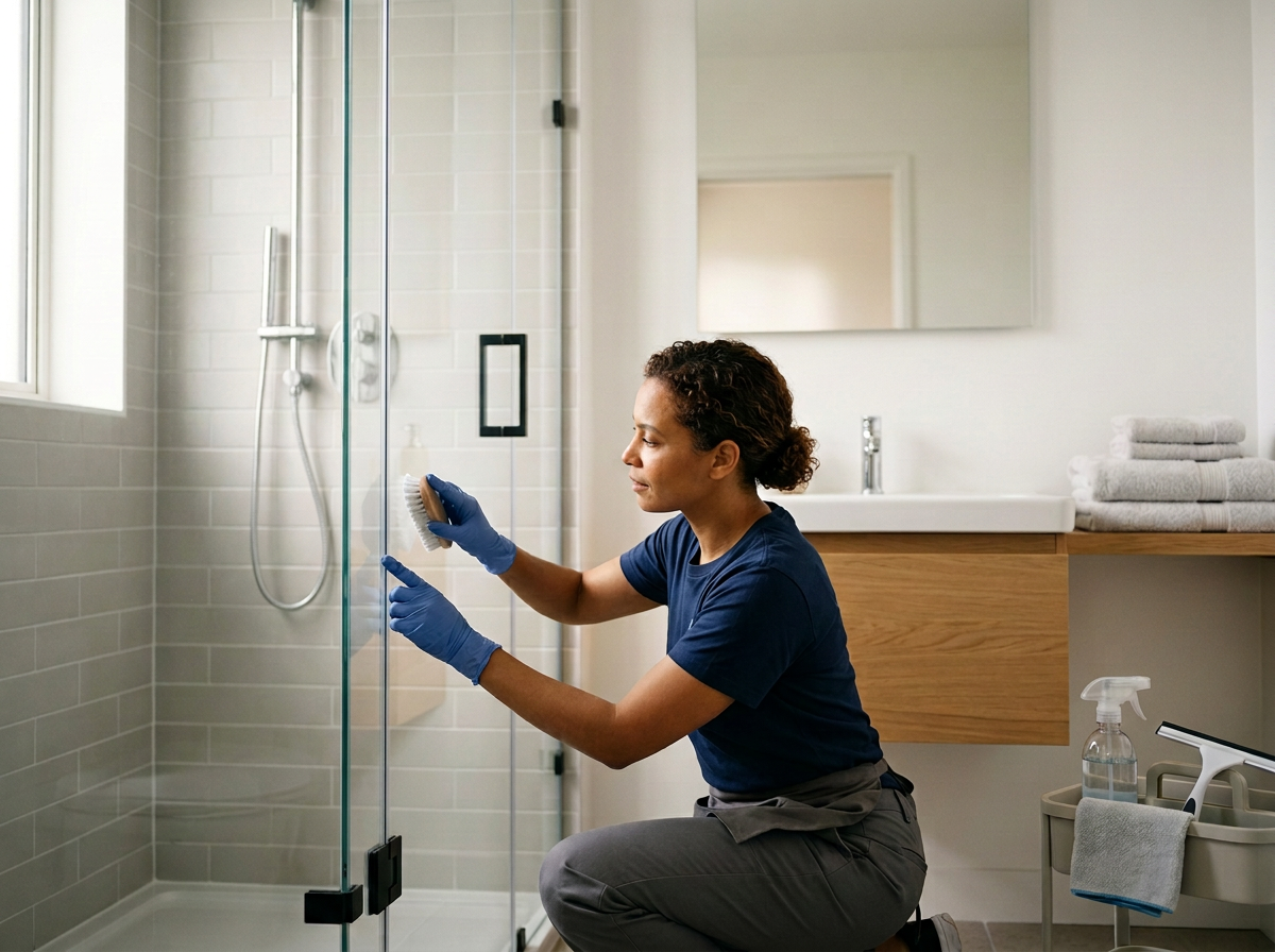 A woman cleaning a glass shower door in a bathroom with a blue glove on her hand.