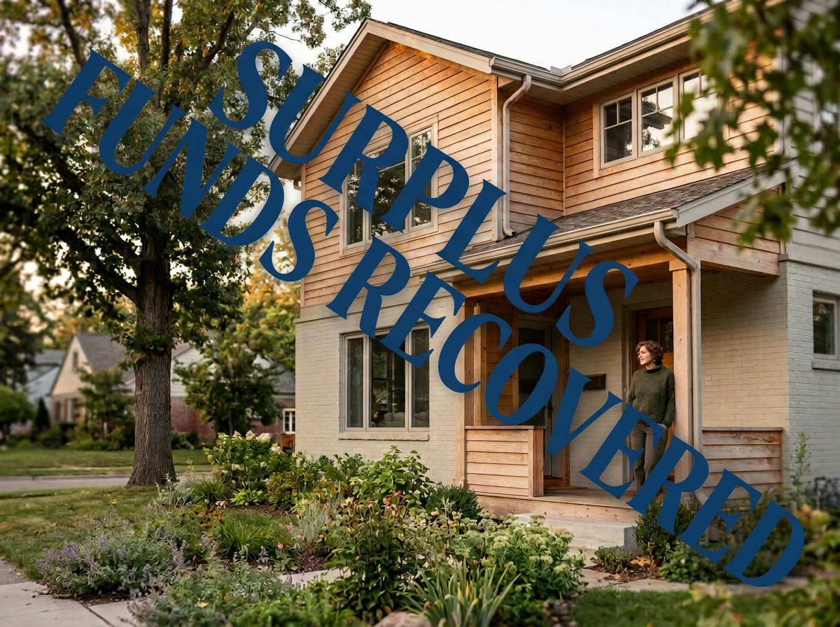 Front view of a two-story house with a person standing on the porch, surrounded by a garden, trees, and neighboring houses, with an overlay of text saying "Surplus funds recovered."