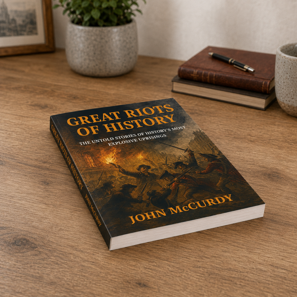 A book titled "Great Riots of History" by John McCurdy lies on a wooden desk, with a potted plant, a framed picture, and two other books, one with a pen on top, visible in the background.