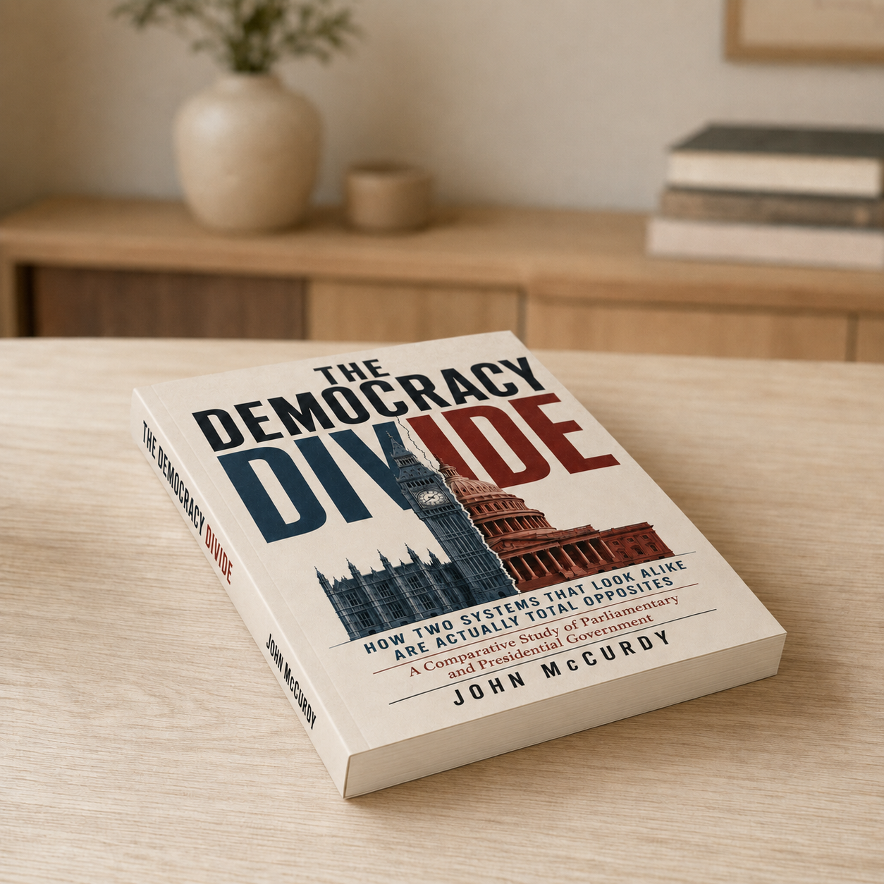 A book titled 'The Democracy Divide' resting on a wooden table in a room with a blurred background, including a vase with greenery and stacked books.