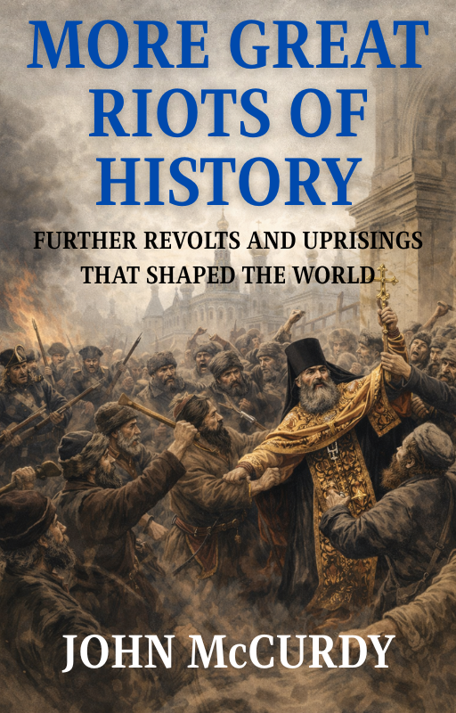 Book cover titled 'More Great Riots of History' by John McCurdy, depicting a historical riot scene with armed protesters and a figure in robes and a top hat in the foreground.