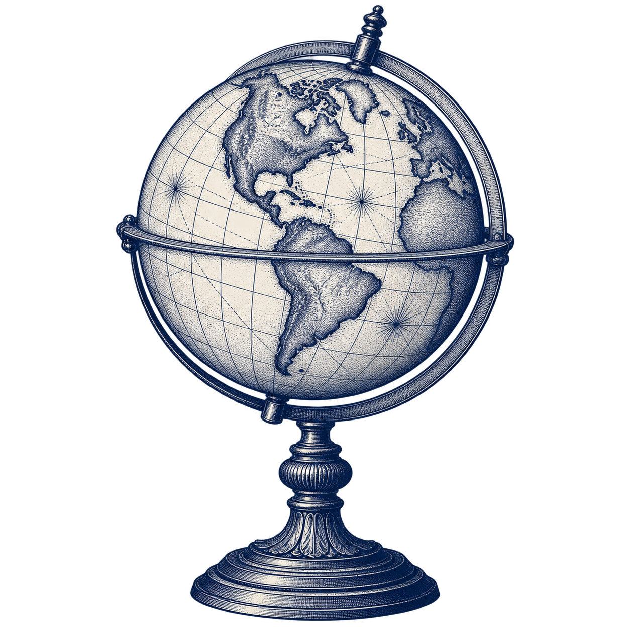 A vintage-style globe showing North and South America, mounted on an ornate stand.