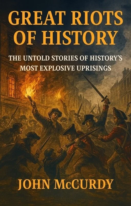 Book cover titled 'Great Riots of History' by John McCurdy, depicting a historical riot scene with people fighting with weapons, fires burning. The subtitle reads 'The Untold Stories of History's Most Explosive Uprisings.'