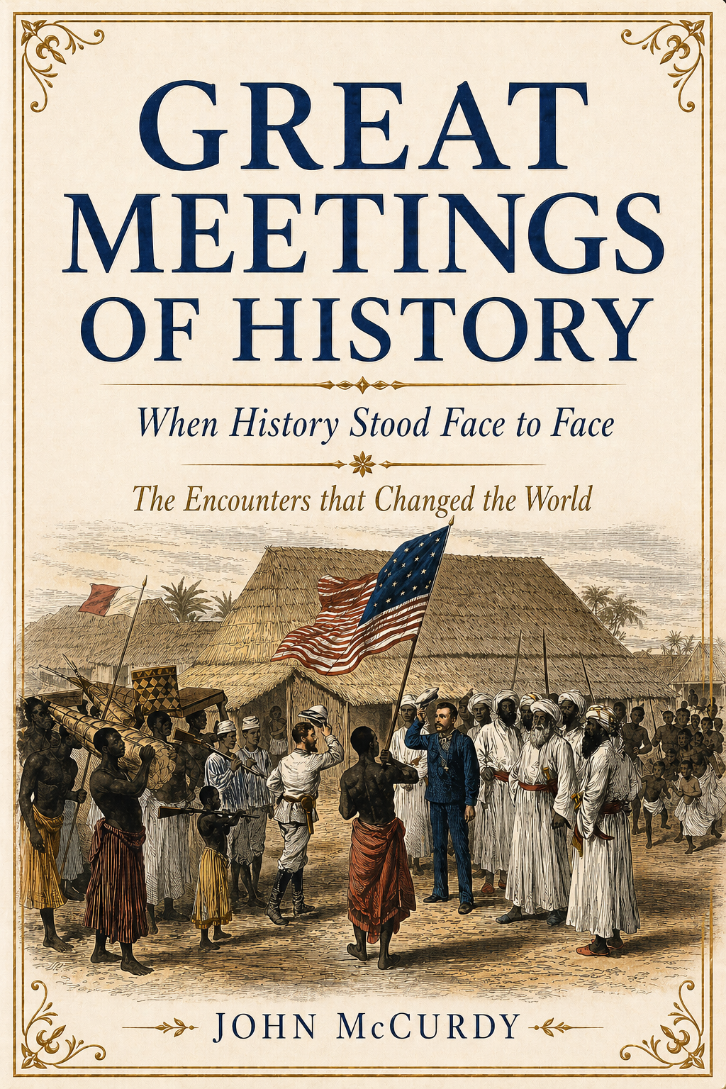 Book cover titled "Great Meetings of History" by John McCurdy, featuring an illustration of a historical scene with people, palm trees, huts, and American flags.