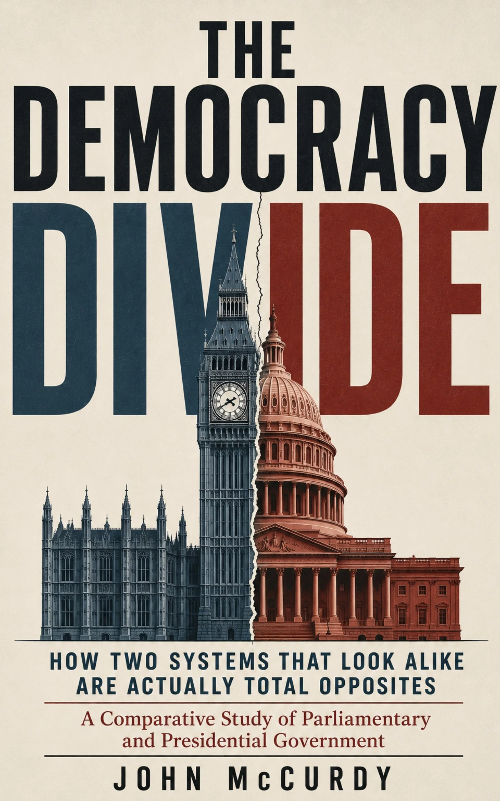Book cover titled 'The Democracy Dilemma' with images of Big Ben and the United States Capitol split in half, and subtitle 'How Two Systems That Look Alike Are Actually Total Opposite,' author John McCurdy.