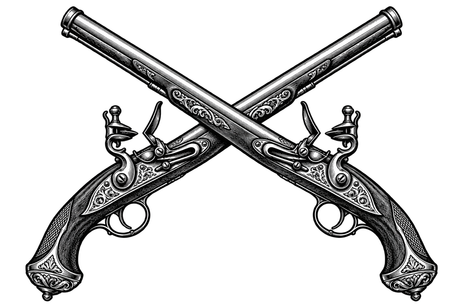 Two ornate, vintage pistols crossed against a black background.