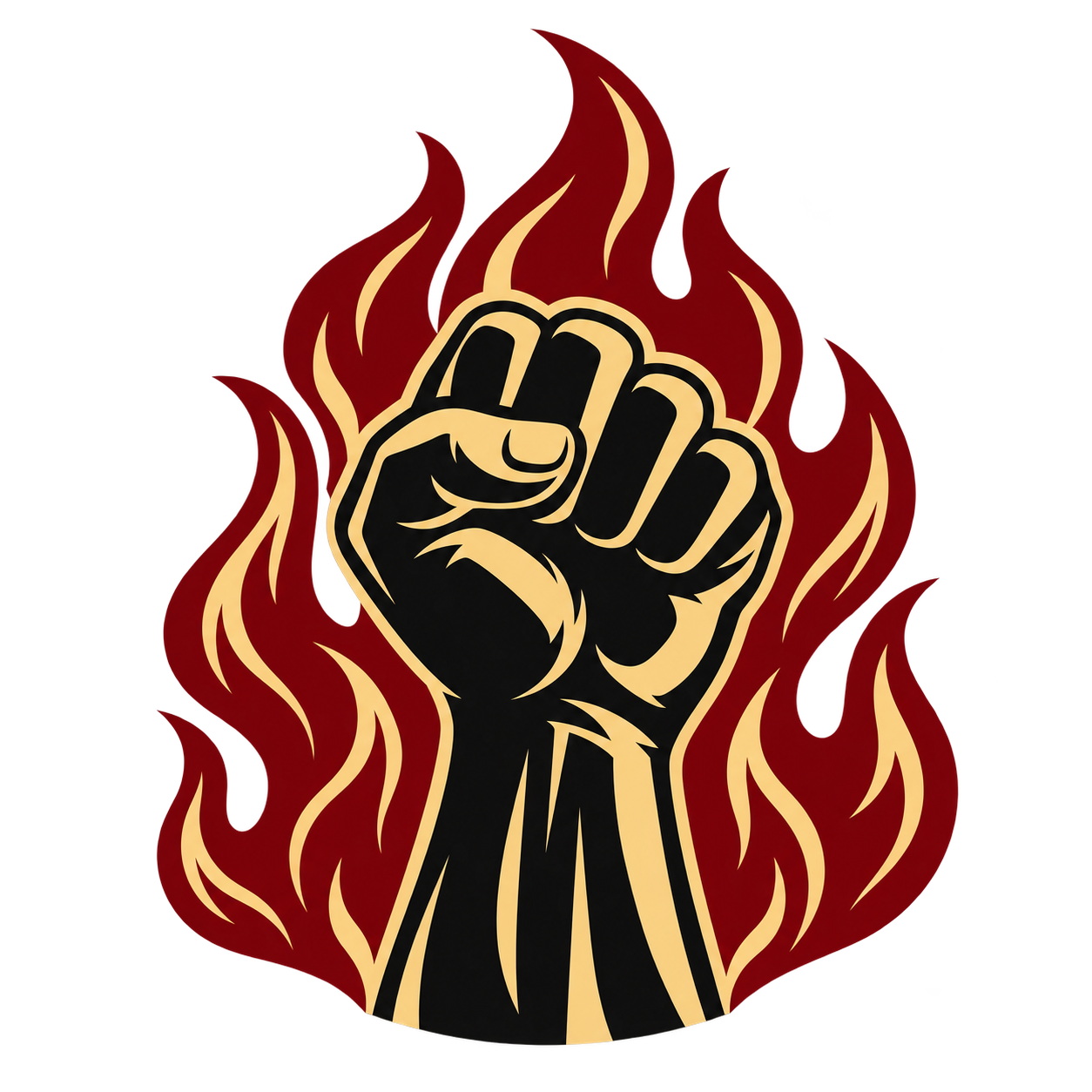 A raised fist in black with beige highlights surrounded by red and beige flames.
