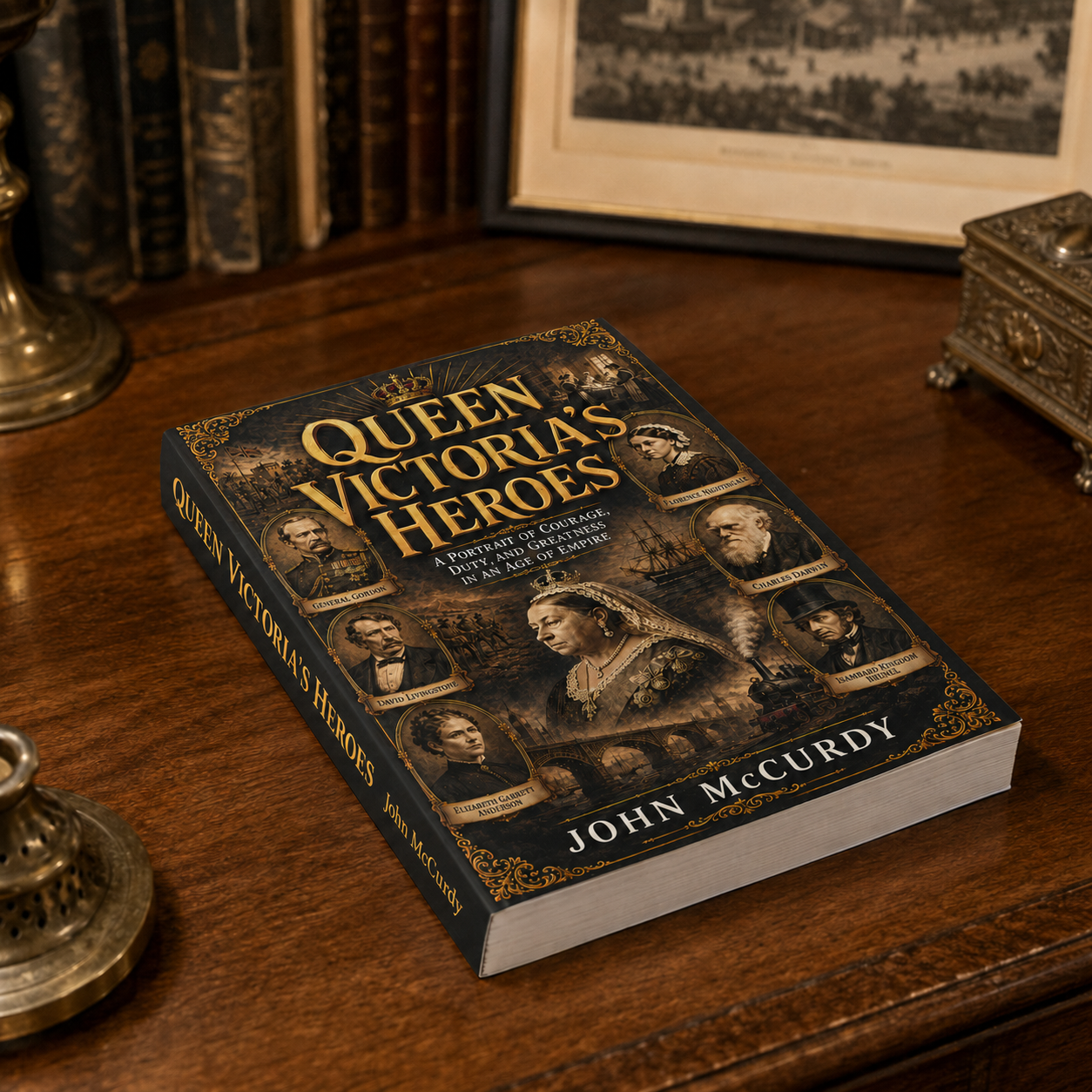 A hardcover book titled "Queen Victoria's Heroes" by John McCurdy placed on a wooden desk. The cover features images of historical figures including Queen Victoria, Lord George Reginald Kent, Charles Darwin, David Lloyd George, Eleanor Cadett Audubon, and Lambard Kingdom.