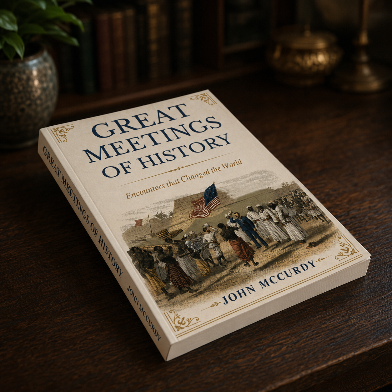 The book titled 'Great Meetings of History' by John McCurdy lies on a wooden table, with a plant in a decorative pot and a bookshelf in the background.