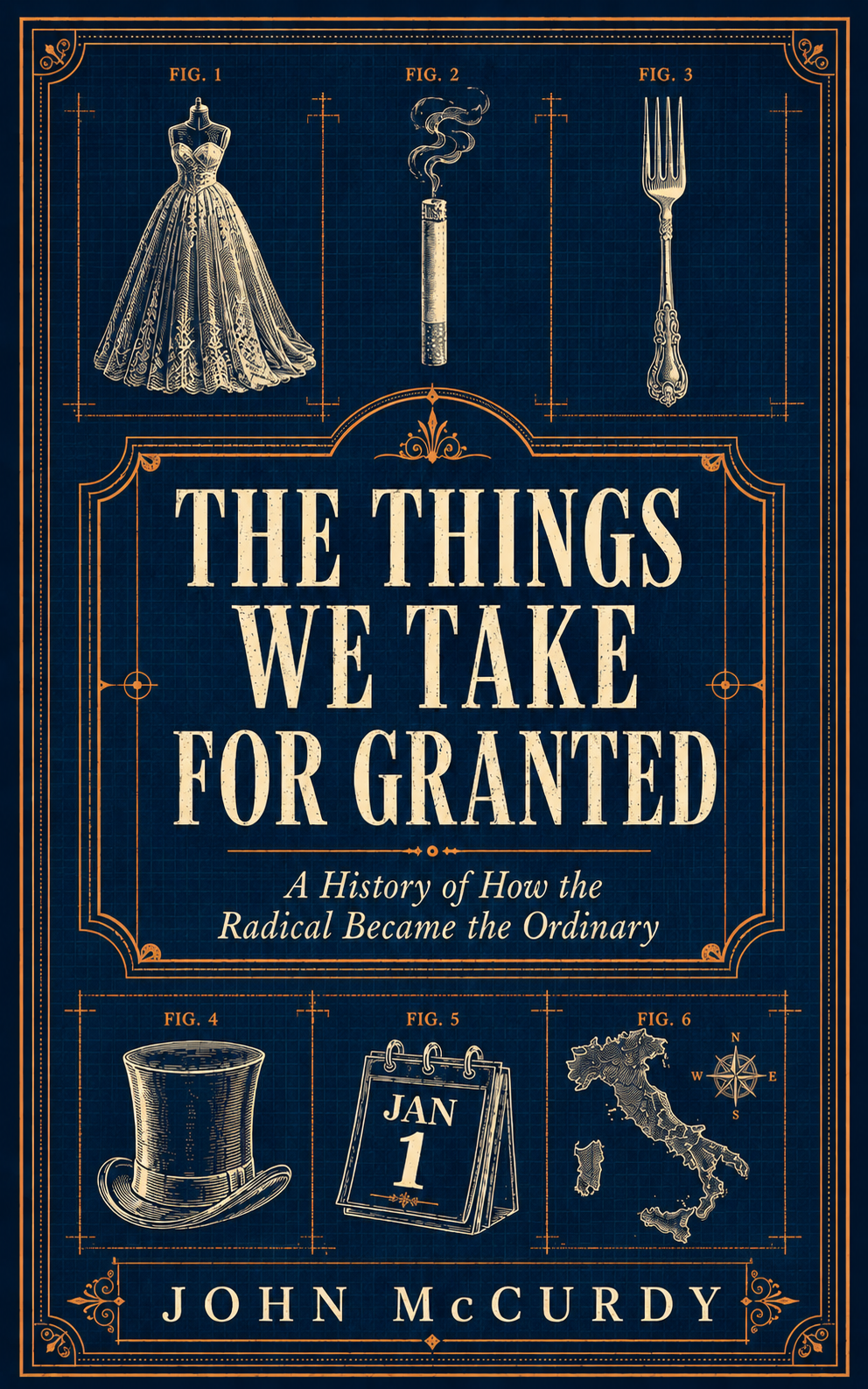 Book cover for 'The Things We Take for Granted' by John McCurdy displaying six illustrations: a wedding dress, a smoking cigarette, a fork, a top hat, a calendar page showing January 1, and a map of Italy with a compass.