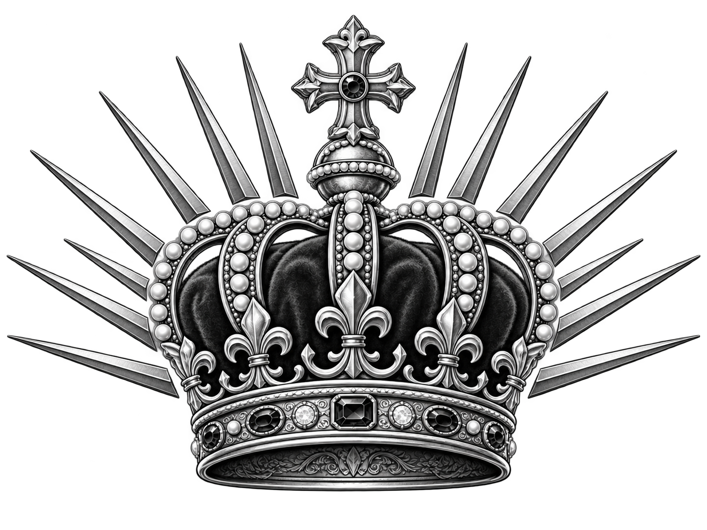 A detailed black and silver crown with spikes and ornate designs.