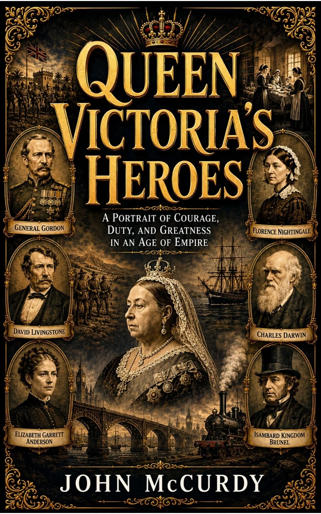 Book cover titled "Queen Victoria's Heroes" featuring portraits of historical figures, including General Gordon, Florence Nightingale, David Livingstone, Charles Darwin, Elizabeth Garrett Anderson, and Isambard Kingdom Brunel, with a background of soldiers, ships, and iconic London landmarks like Big Ben and Tower Bridge.