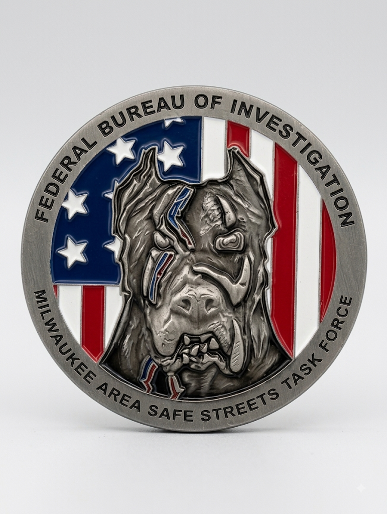 Medal featuring the emblem of the Milwaukee Area Safe Streets Task Force, with a dog wearing a police badge and sunglasses, American flag background, and inscriptions of the Federal Bureau of Investigation and Milwaukee Area Safe Streets Task Force.