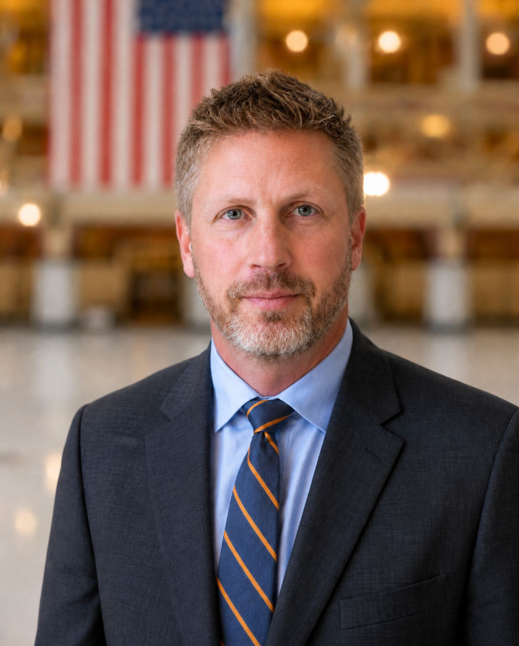 A middle-aged man with light brown hair, a beard, and fair skin, wearing a dark suit, light blue dress shirt, and a striped tie, standing in front of an American flag inside a building.
